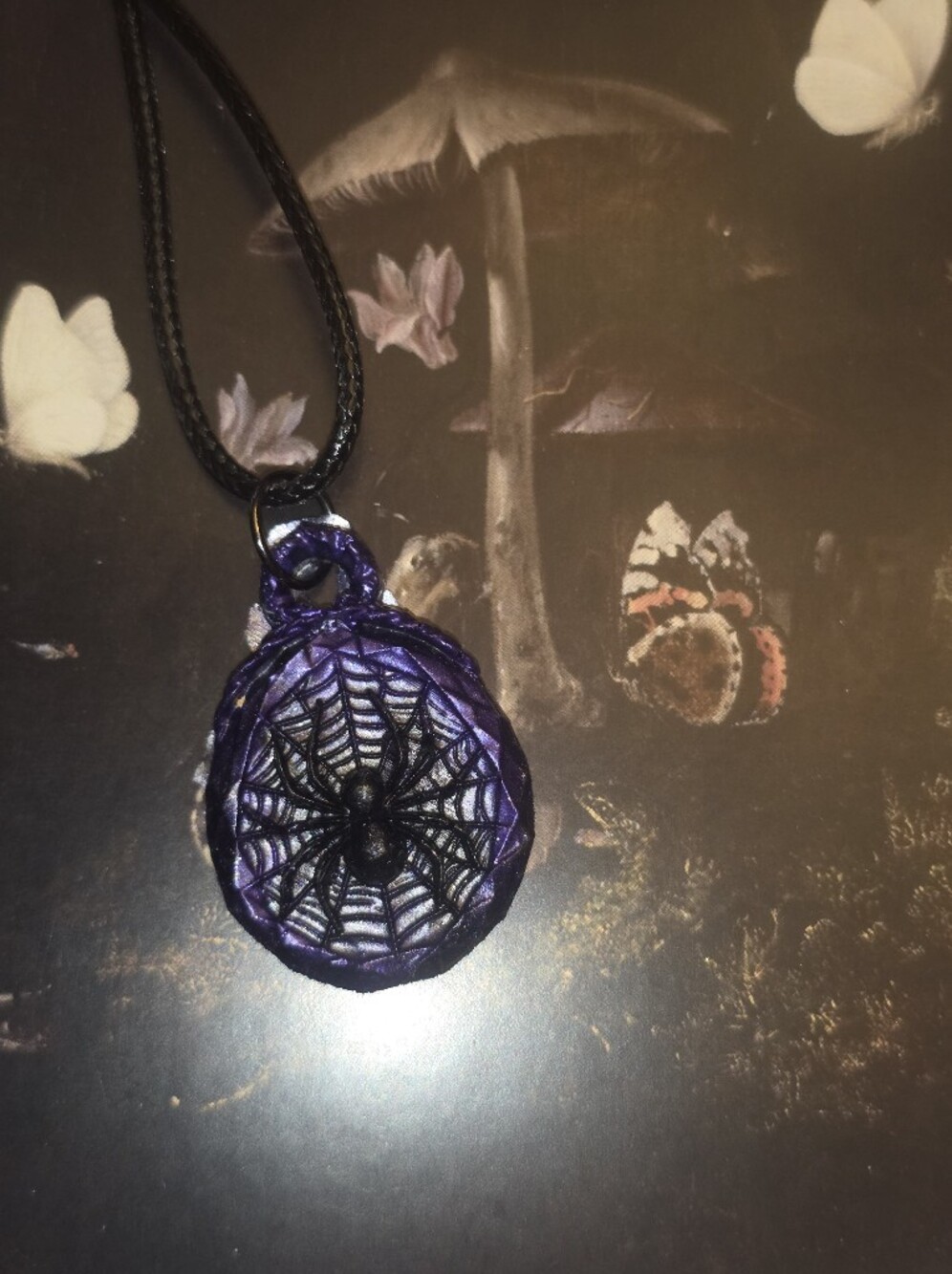 Black Spider Necklace On Purple Resin Pendant W Black Cord Necklace. Unisex!